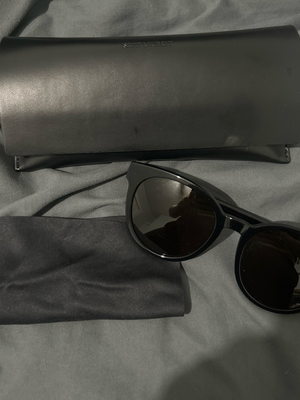 Saint Laurent Black Round Frame Sunglasses with Leather Case
